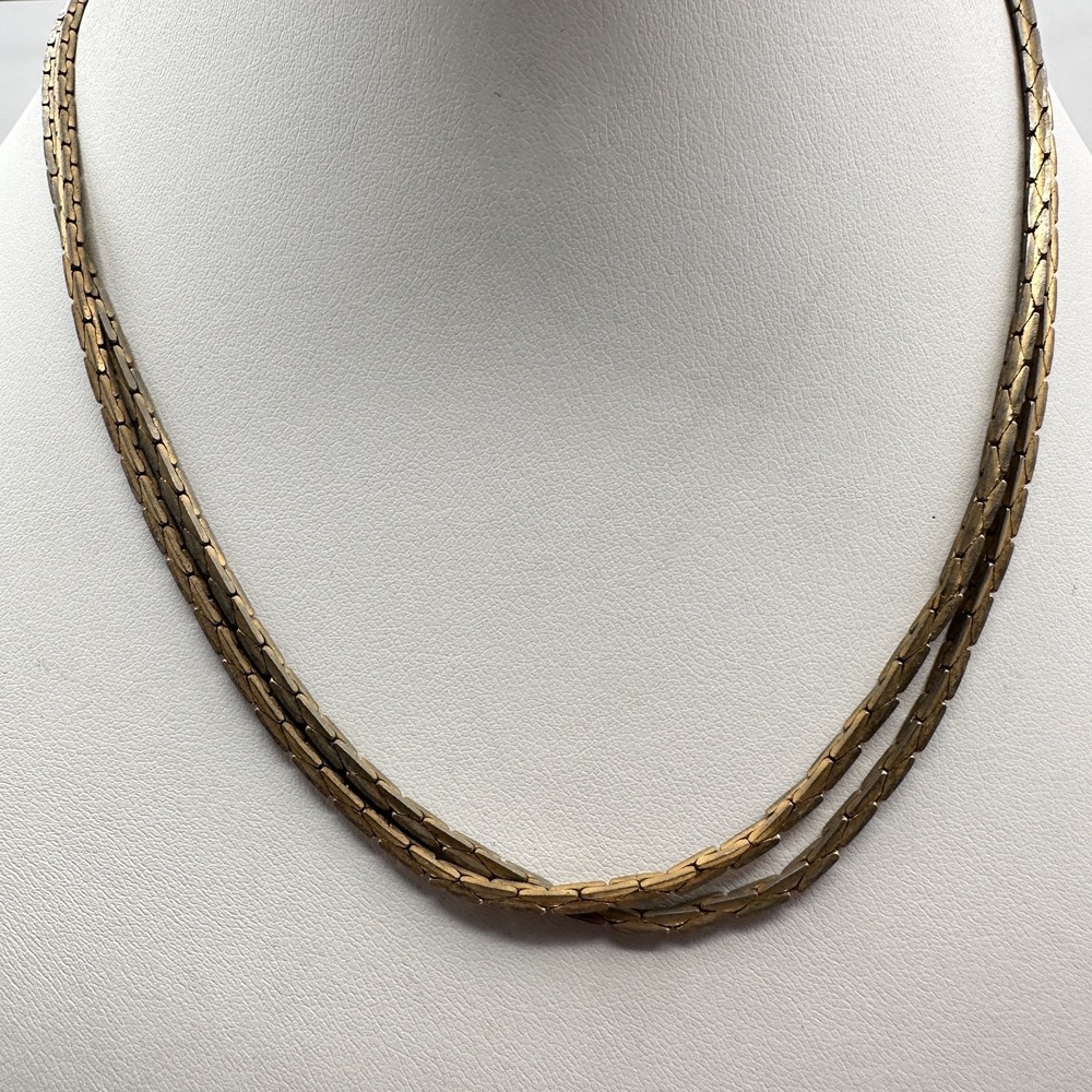 Vintage 90s Gold Tone Herringbone Double Strand Necklace Minimalist Fashion
